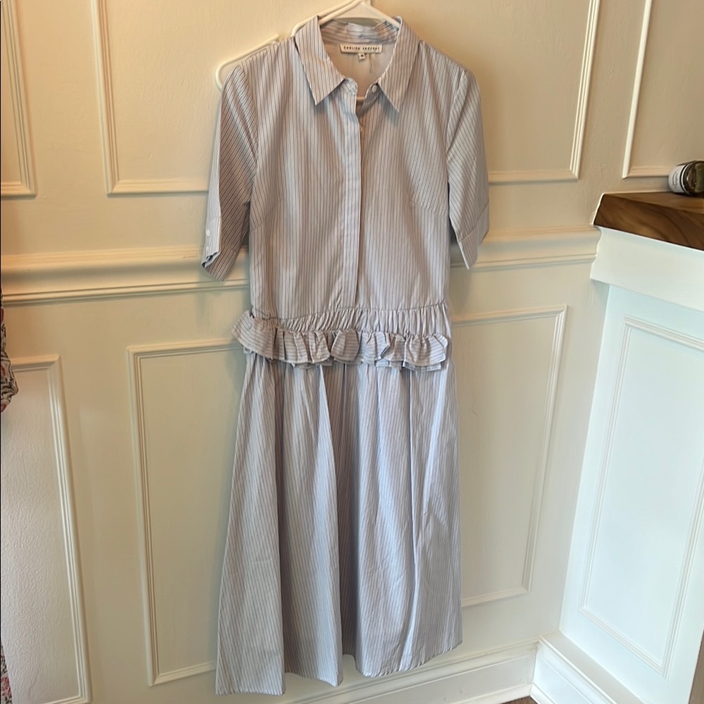 English Factory NWOT XS Blue White Ruffle Oversized Midi Dress Lined